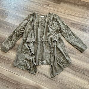 HOPELY Olive Green Embroidered Floral Waterfall Front Cardigan Women Small